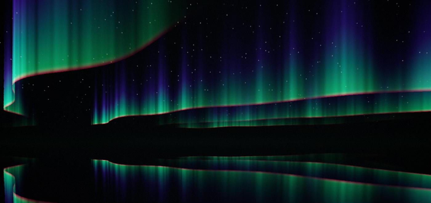 Aurora scene: green and violet curtains of light over still water