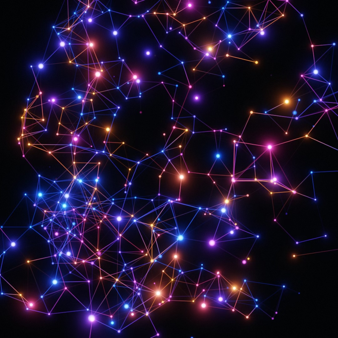 Constellation scene: glowing blue, violet and amber stars joined by fine lines