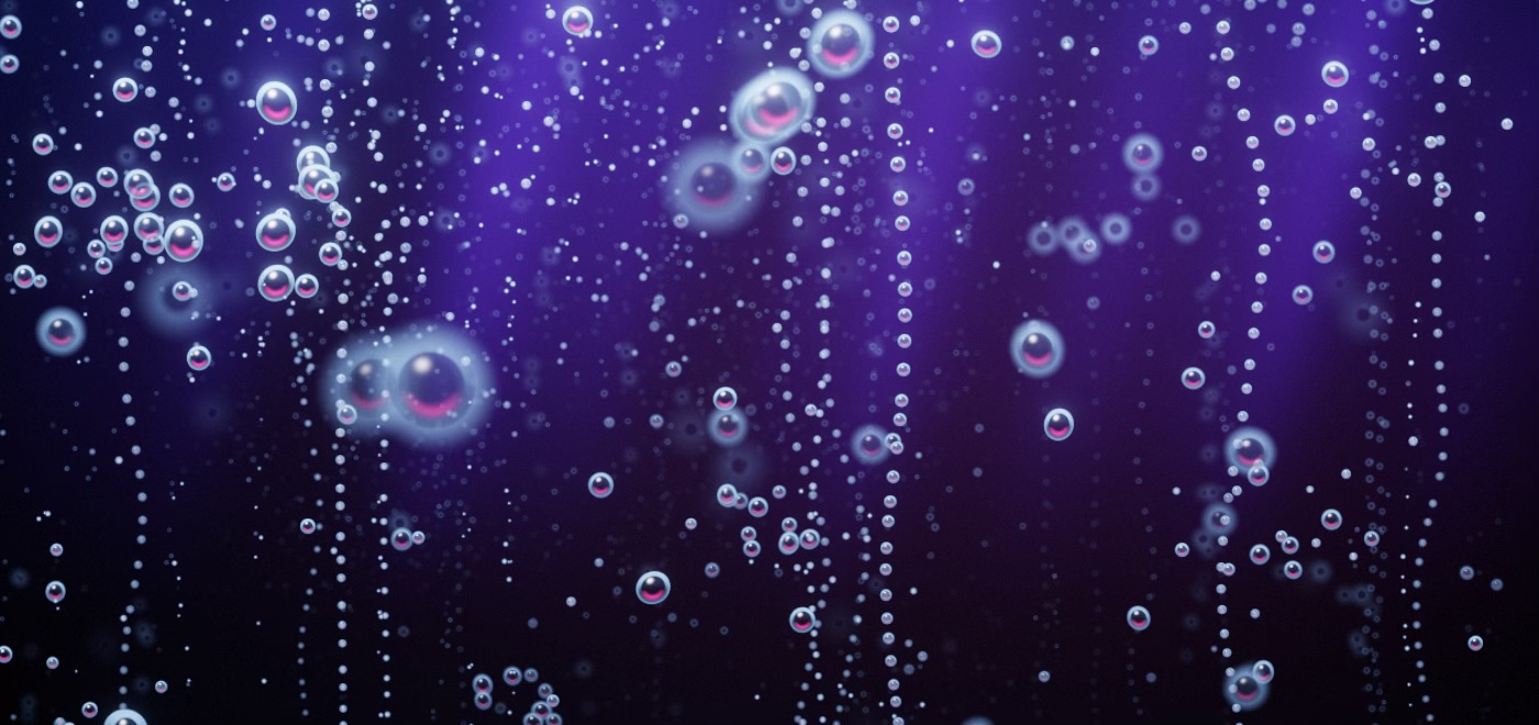 Fizz scene: streams of bubbles rising through violet light
